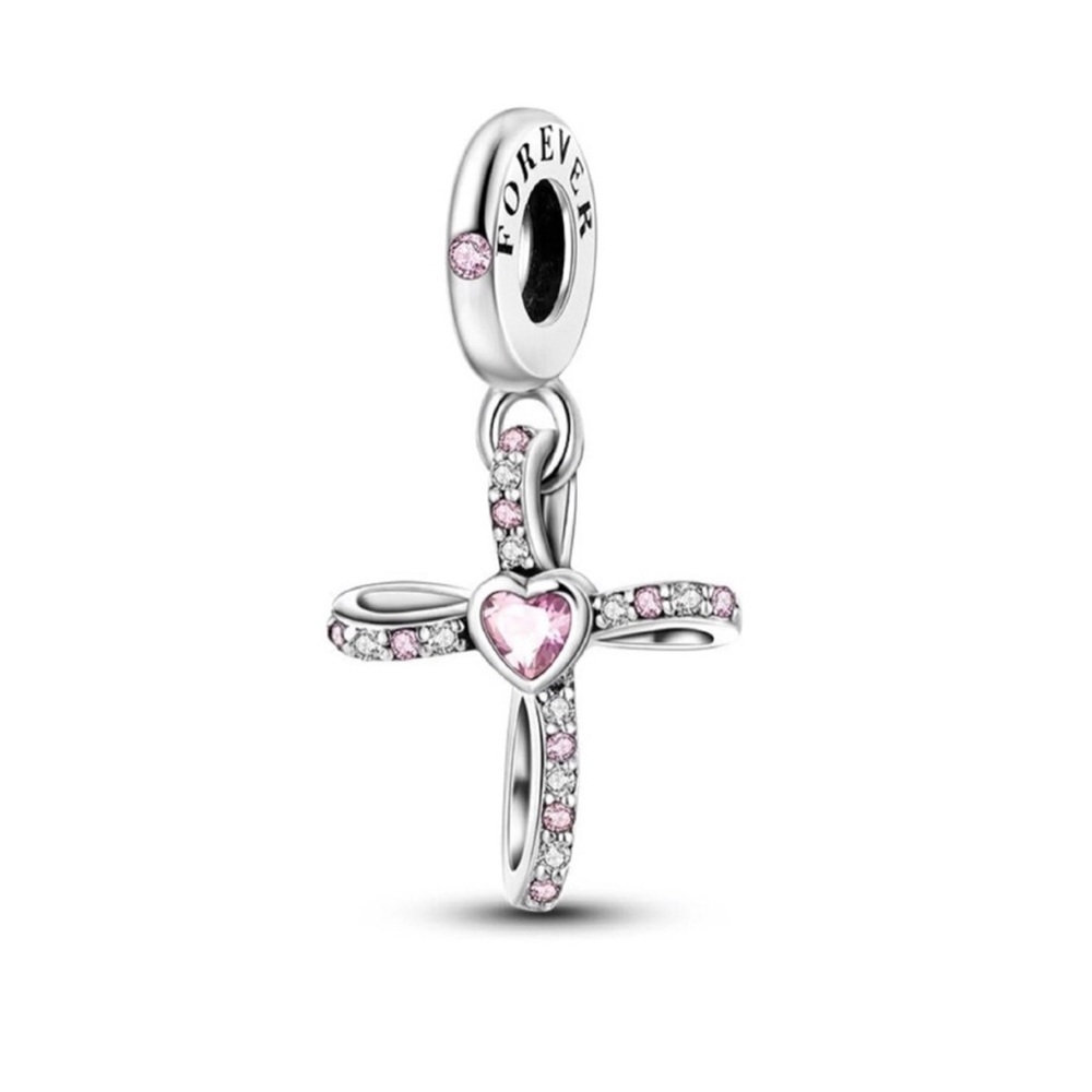 Forever Sterling Silver Heart Pink CZ Cross Dangle Charm
